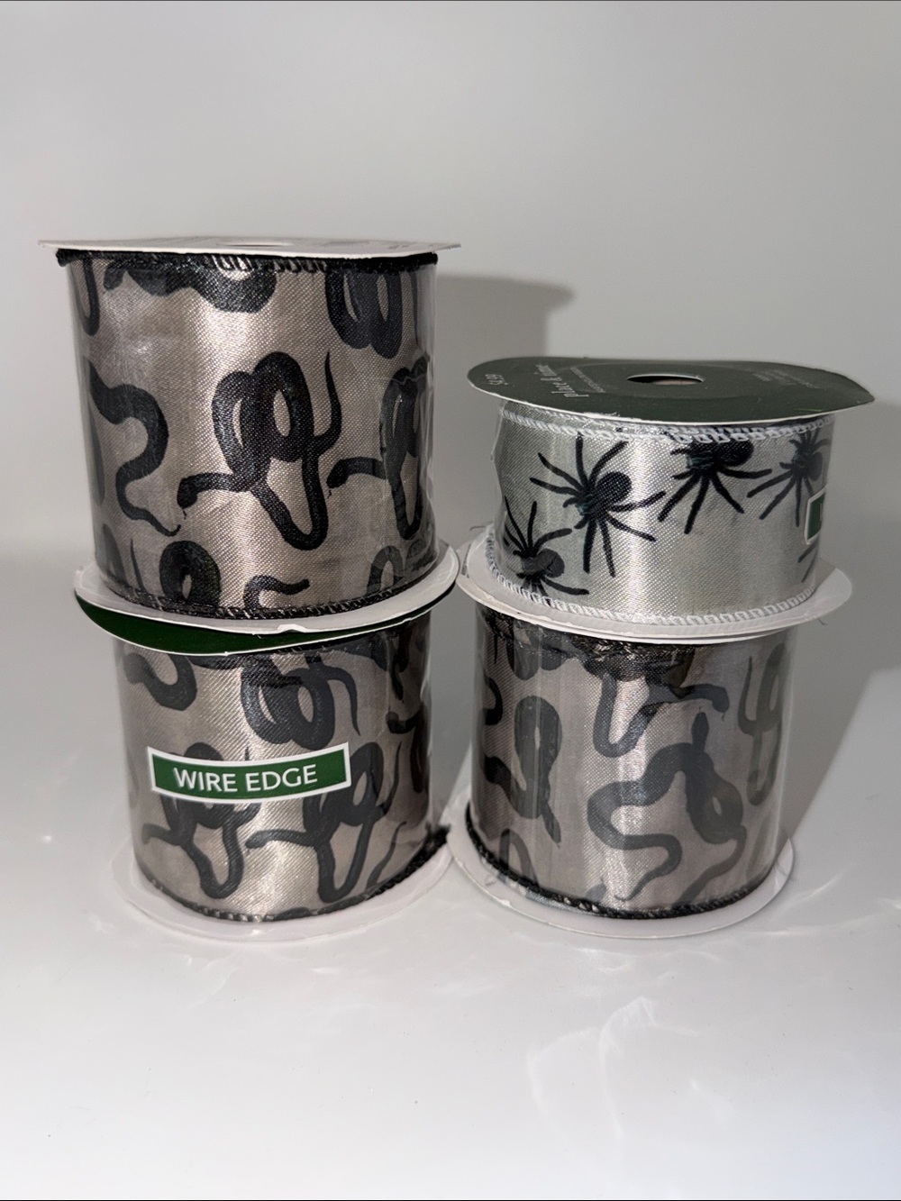 Halloween Snake Spider Wired Edge Ribbon Spool Bundle Lot Creepy Crafting Silver - Picture 2 of 7